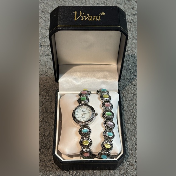 Vintage Vivani Watch Women’s Bracelet Silver Tone Oink Blue Yellow Stone Quartz - Picture 1 of 2
